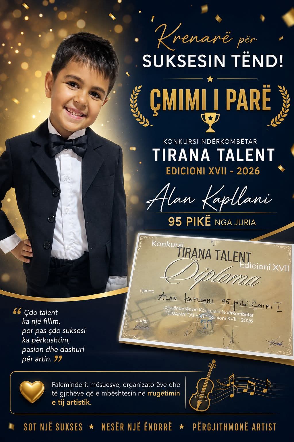 Diplomë Çmimi I — Konkursi Ndërkombëtar Tirana Talent 2026